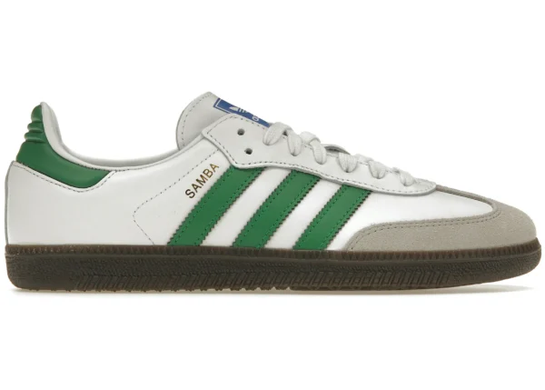 Adidas Samba OG verdes de color blanco y verde con la suela de goma marrón