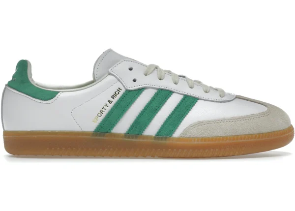 adidas samba x sporty and rich de color blanco y verde con suela de goma marrón