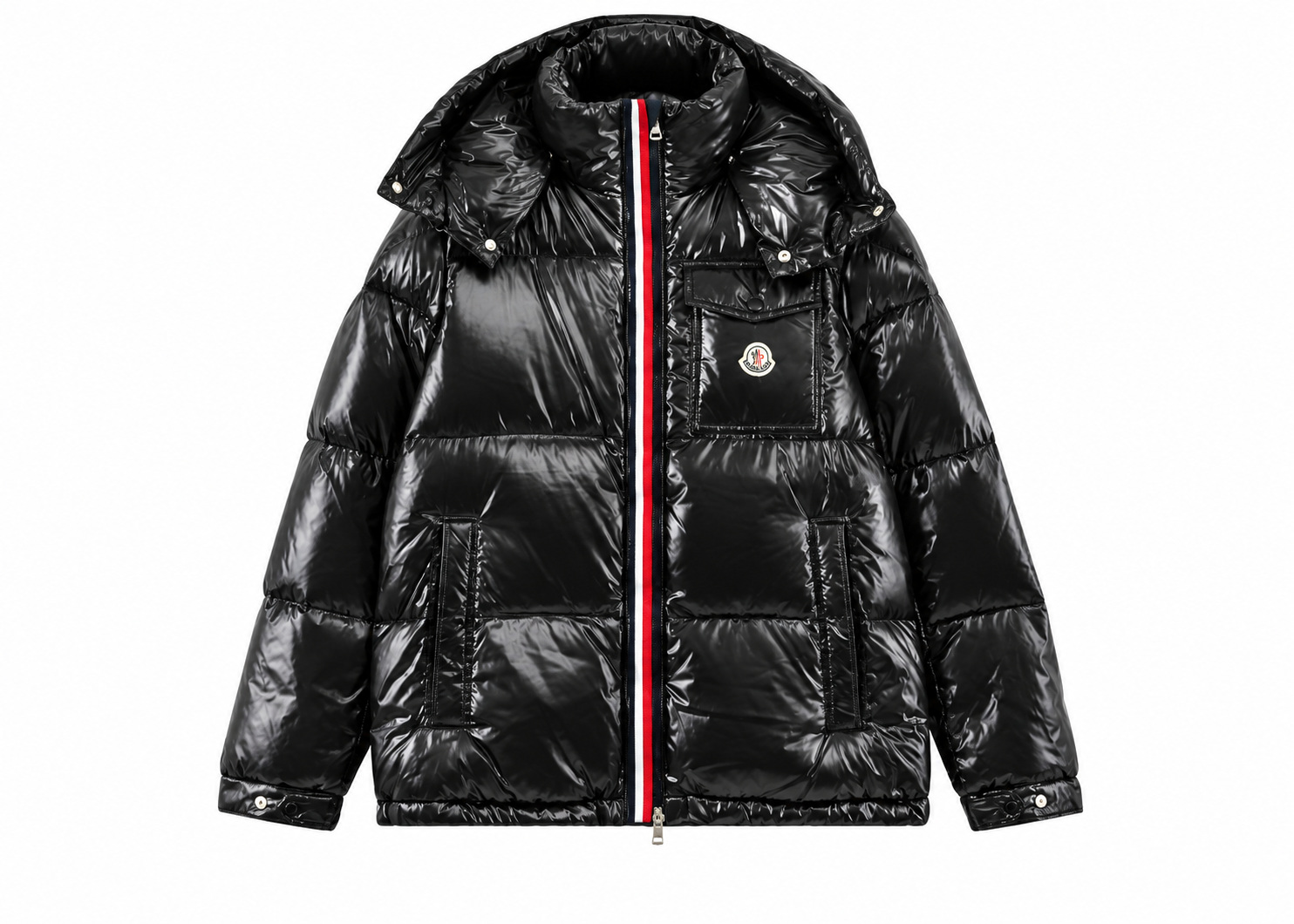 Chaqueta Moncler Brillante Negra Cremallera Roja